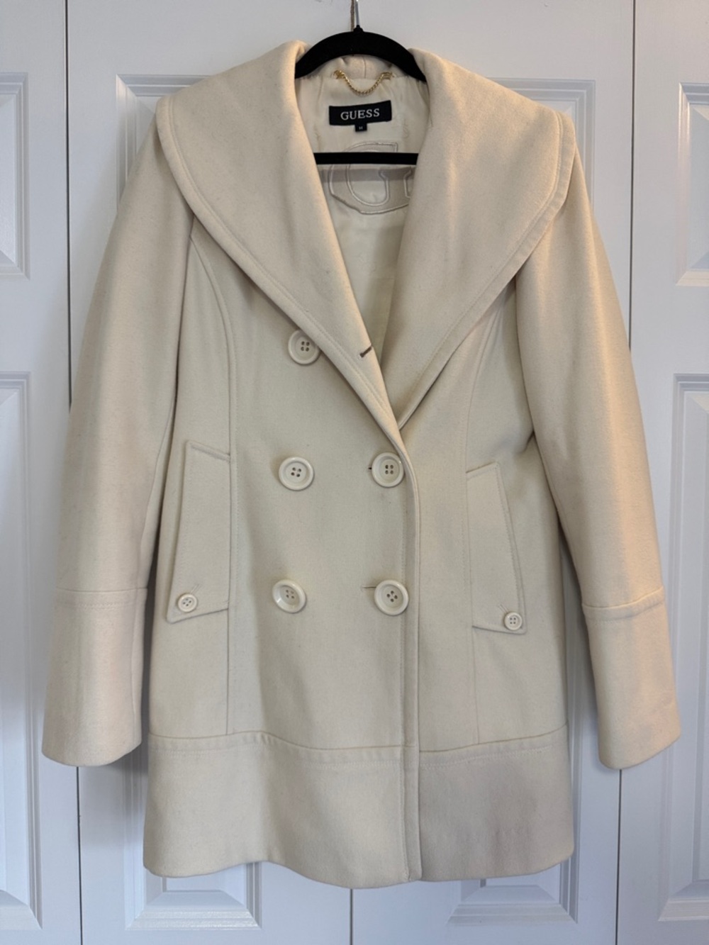 GUESS Cream Double-Breasted Pea Coat with Wide Collar